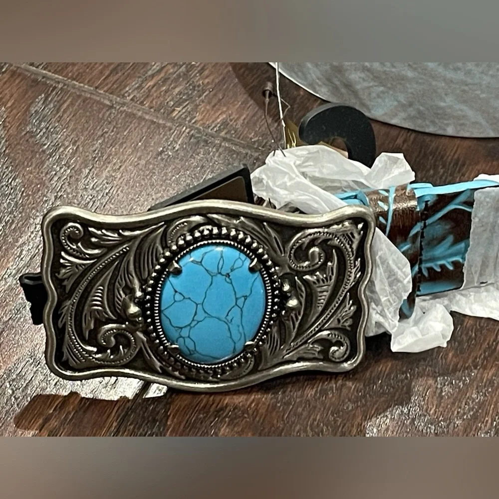 Patricia Nash Roseanna Stone Buckle Tooled Leather Belt-Turquoise-M 36